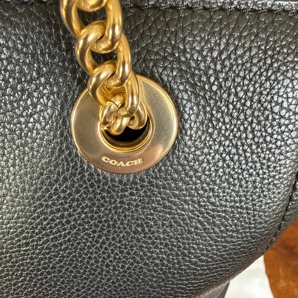 Coach Black Leather Tote Bag with Gold Chain Handles in EUC - Picture 6 of 12